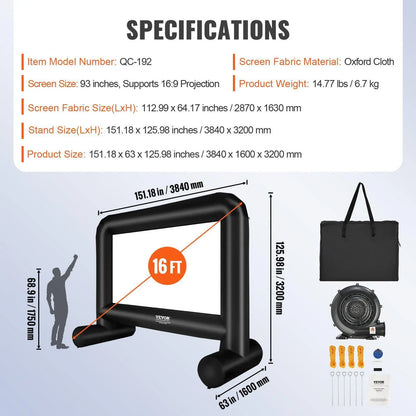 【Dealsforyoudays】Vevor Inflatable Movie Screen 24FT Inflatable Projector Screen for outside with 360W Air Blower Inflatable Screen Oxford Fabric Material Blow up Screen for Outdoor Movie Supports Front/Rear Projection