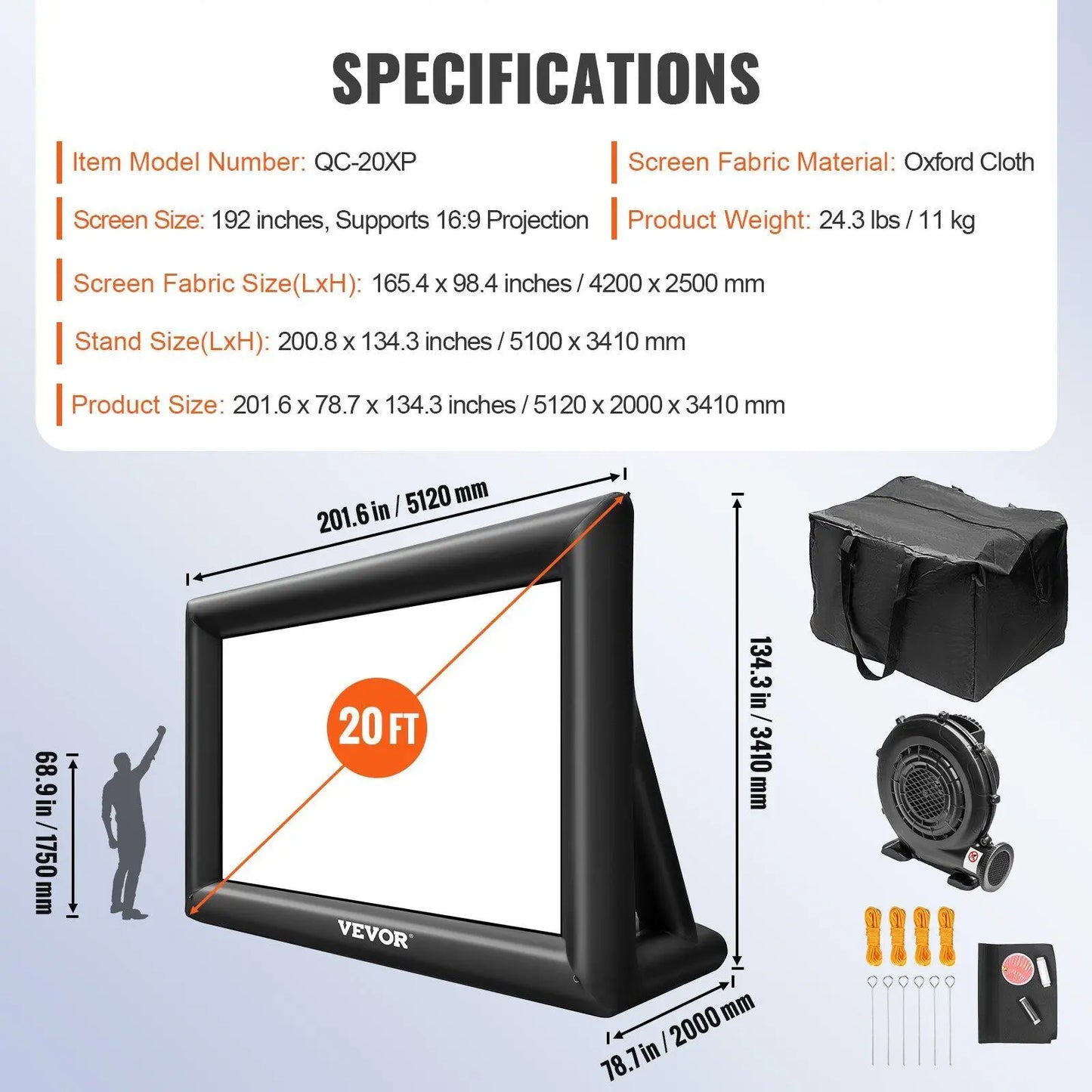 【Dealsforyoudays】Vevor Inflatable Movie Screen 24FT Inflatable Projector Screen for outside with 360W Air Blower Inflatable Screen Oxford Fabric Material Blow up Screen for Outdoor Movie Supports Front/Rear Projection