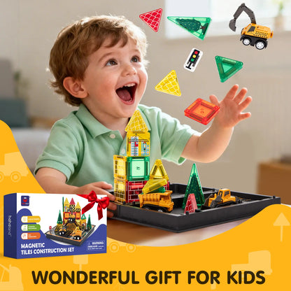 Hahaland 38 PCS Magnetic Tiles Road Toppers Set for Kids Ages 3-5, Magnetic Building Blocks with Cars Toys for 3-5 Years Old Boys and Girls Stem Toys Birthday Gifts for Age 3 4 5 6 7 Year Old