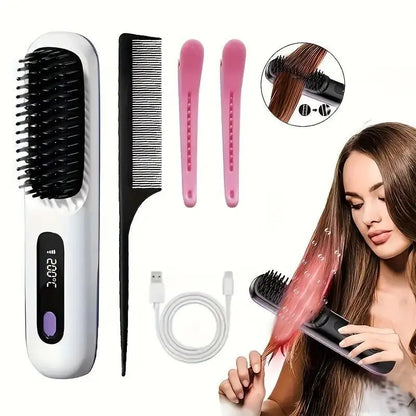 Straightening Hair Comb, Portable 2-In-1 Flat Iron Curler, Wireless & USB Rechargeable Lightweight Hot Brush for Quick Daily Styling