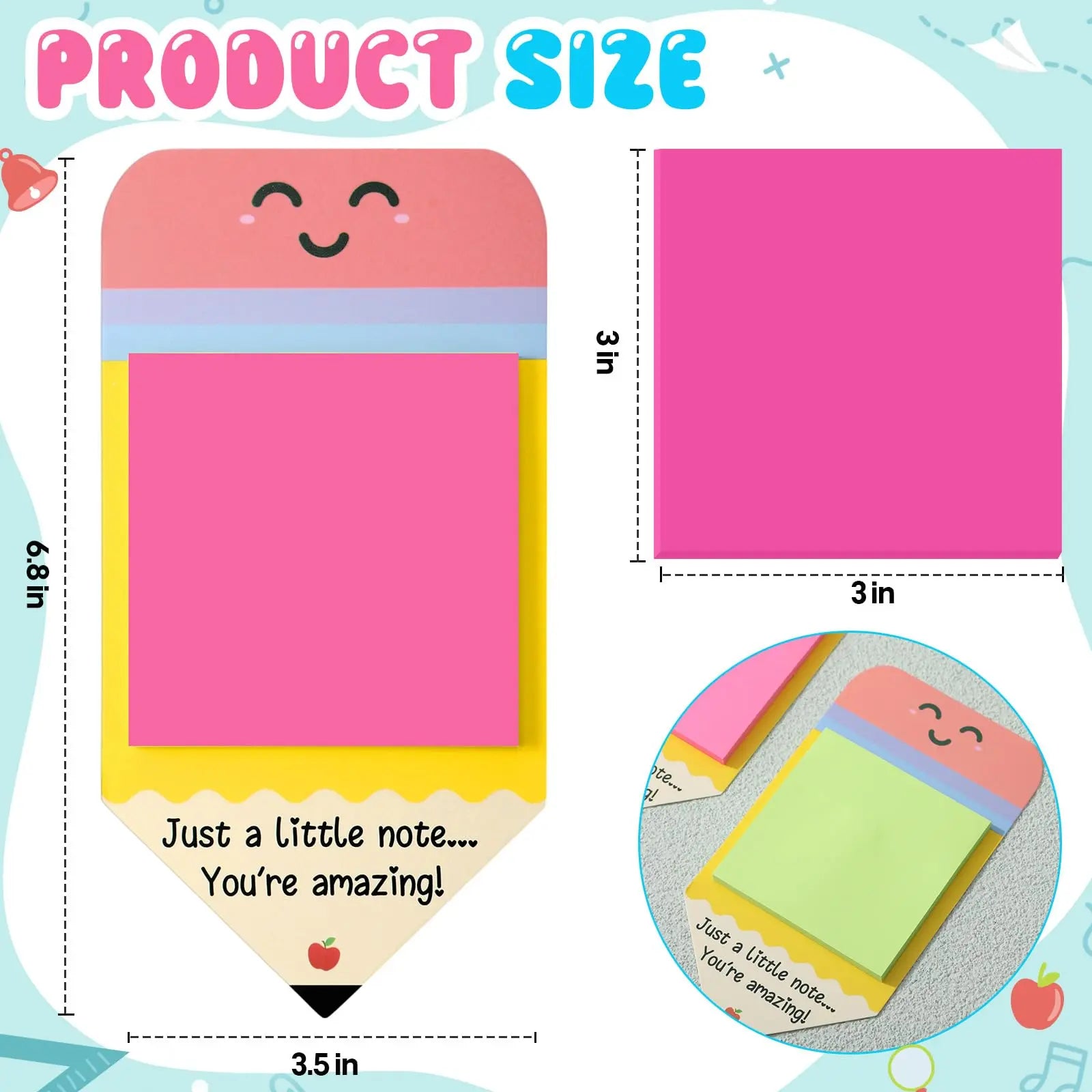 Pencil Sticky Notes 540 Sheets with First Day of School Gifts Card and Gold Bow, 3X3 Back to School 2026 Self Stick Note Pad Pencil Memo Pad for Student Teacher Rewards Stationery Supplies Classroom Kit Positive Affirmations Growth Mindset