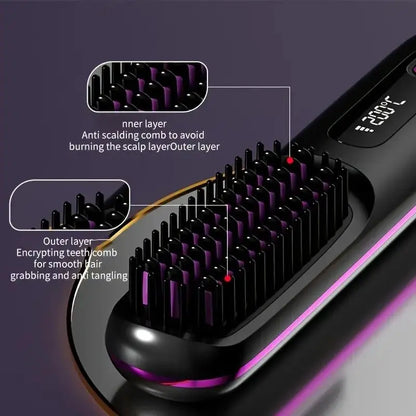 Straightening Hair Comb, Portable 2-In-1 Flat Iron Curler, Wireless & USB Rechargeable Lightweight Hot Brush for Quick Daily Styling