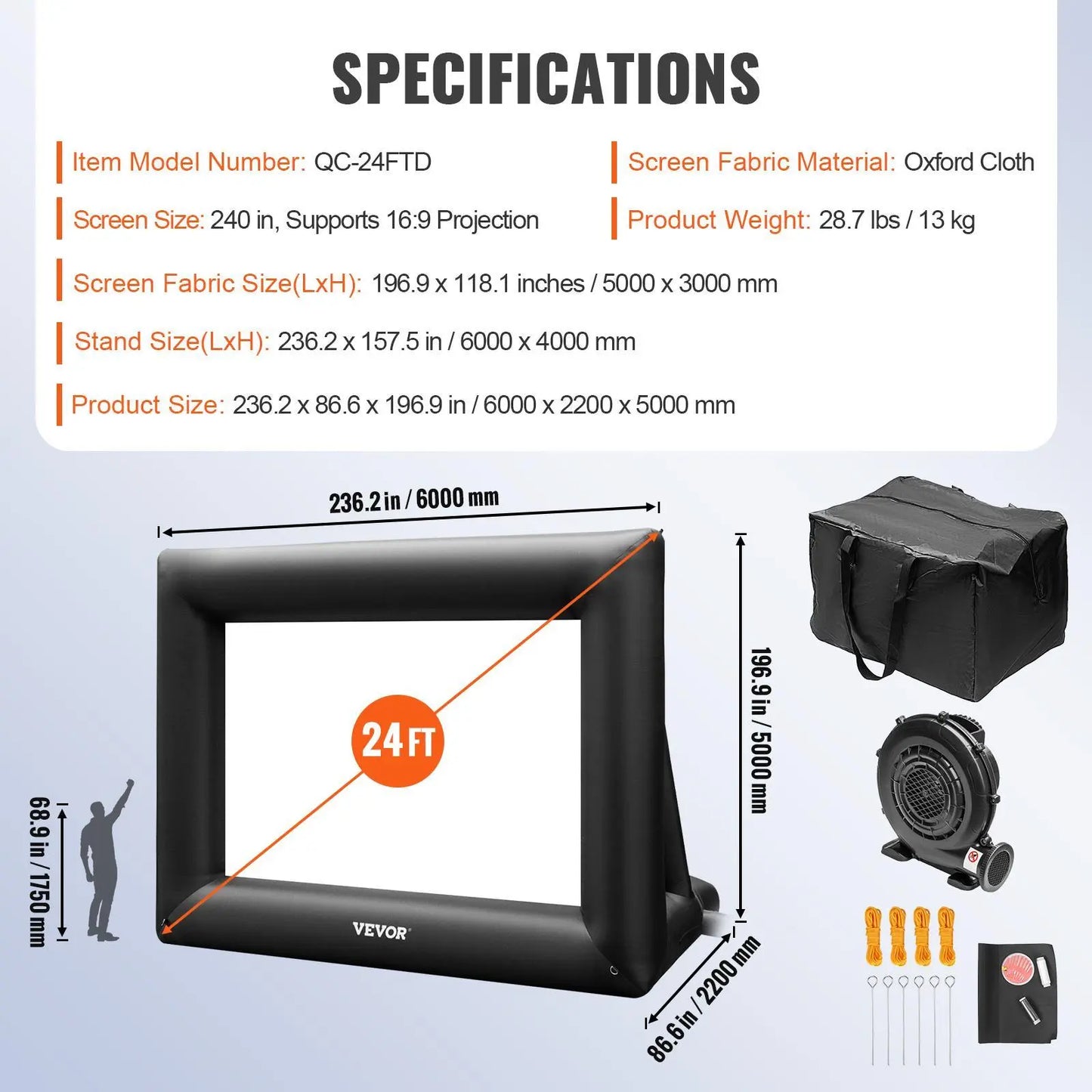 【Dealsforyoudays】Vevor Inflatable Movie Screen 24FT Inflatable Projector Screen for outside with 360W Air Blower Inflatable Screen Oxford Fabric Material Blow up Screen for Outdoor Movie Supports Front/Rear Projection