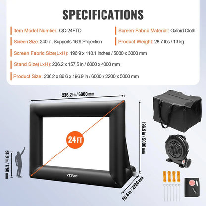 【Dealsforyoudays】Vevor Inflatable Movie Screen 24FT Inflatable Projector Screen for outside with 360W Air Blower Inflatable Screen Oxford Fabric Material Blow up Screen for Outdoor Movie Supports Front/Rear Projection