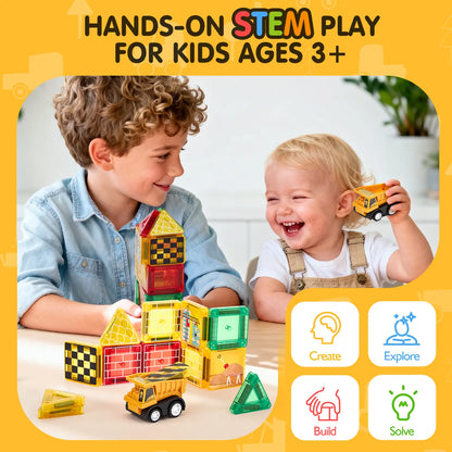 Hahaland 38 PCS Magnetic Tiles Road Toppers Set for Kids Ages 3-5, Magnetic Building Blocks with Cars Toys for 3-5 Years Old Boys and Girls Stem Toys Birthday Gifts for Age 3 4 5 6 7 Year Old