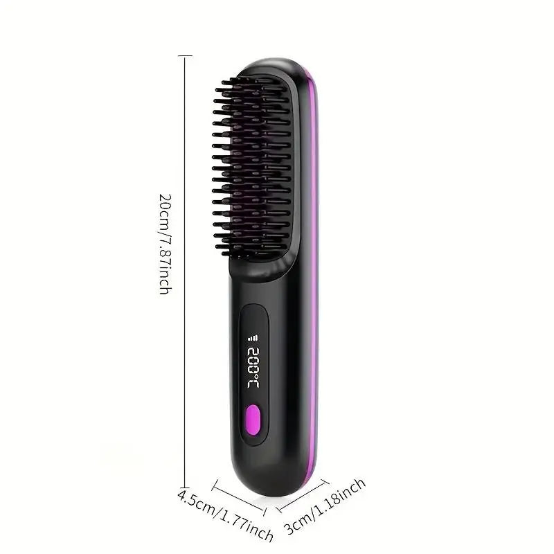 Straightening Hair Comb, Portable 2-In-1 Flat Iron Curler, Wireless & USB Rechargeable Lightweight Hot Brush for Quick Daily Styling