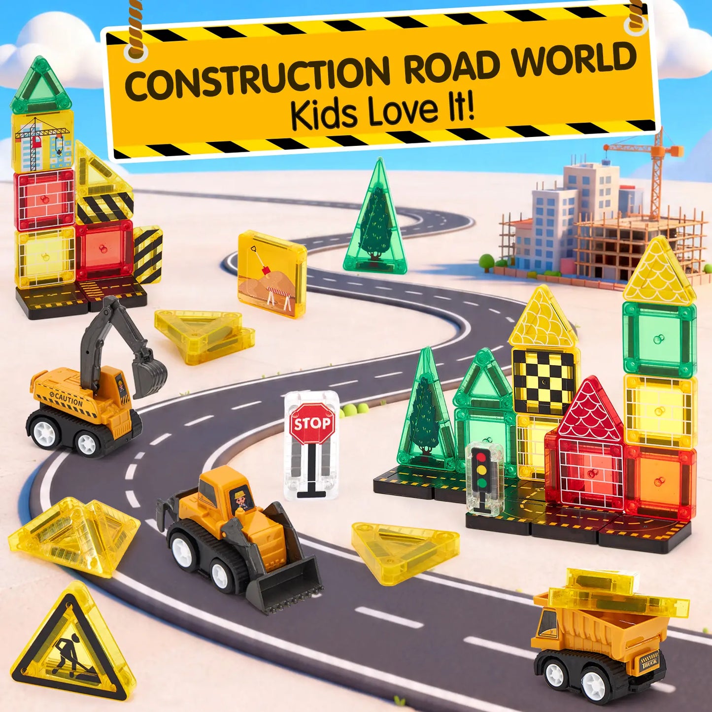 Hahaland 38 PCS Magnetic Tiles Road Toppers Set for Kids Ages 3-5, Magnetic Building Blocks with Cars Toys for 3-5 Years Old Boys and Girls Stem Toys Birthday Gifts for Age 3 4 5 6 7 Year Old