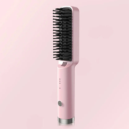 Straightening Hair Comb, Portable 2-In-1 Flat Iron Curler, Wireless & USB Rechargeable Lightweight Hot Brush for Quick Daily Styling