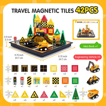 Hahaland 38 PCS Magnetic Tiles Road Toppers Set for Kids Ages 3-5, Magnetic Building Blocks with Cars Toys for 3-5 Years Old Boys and Girls Stem Toys Birthday Gifts for Age 3 4 5 6 7 Year Old