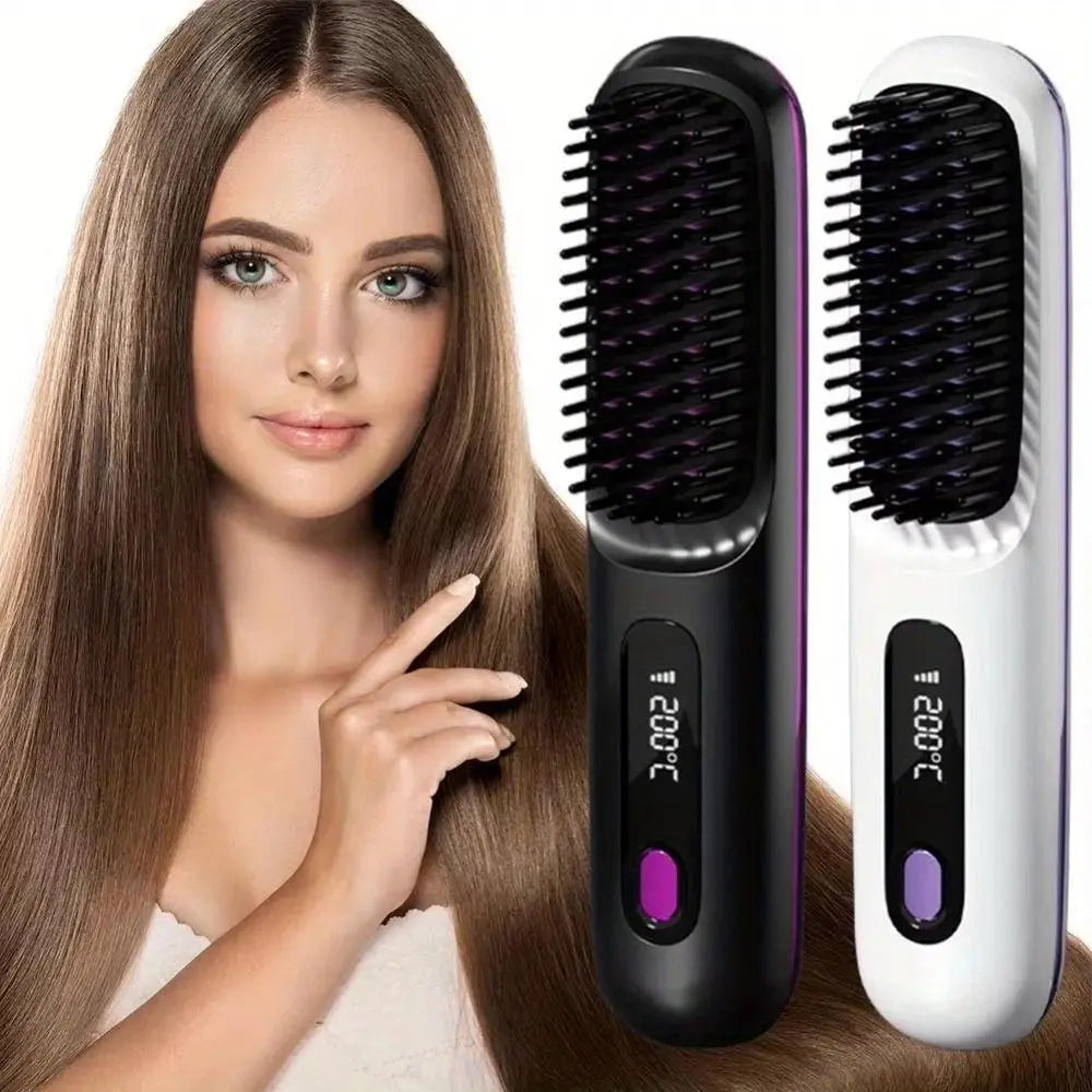 Straightening Hair Comb, Portable 2-In-1 Flat Iron Curler, Wireless & USB Rechargeable Lightweight Hot Brush for Quick Daily Styling