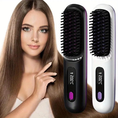 Straightening Hair Comb, Portable 2-In-1 Flat Iron Curler, Wireless & USB Rechargeable Lightweight Hot Brush for Quick Daily Styling