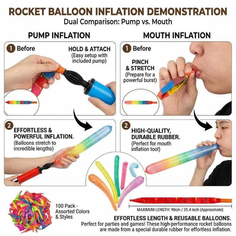 50/100-Pack Rocket Balloon Set, Balloon Party Supplies with Aerodynamic Tip, Easy-Filling Pump, Reusable No-Refill Design for Outdoor & Indoor Fun, Kids Stuff, Toys for Boys, Gifts for Kids, Mother'S Day Gift Option