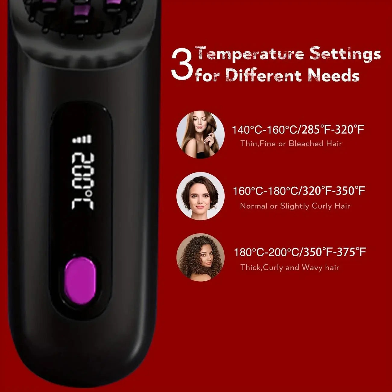 Straightening Hair Comb, Portable 2-In-1 Flat Iron Curler, Wireless & USB Rechargeable Lightweight Hot Brush for Quick Daily Styling